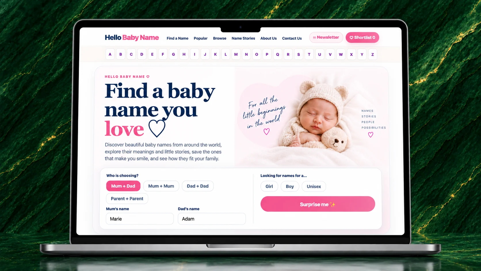 HelloBabyName.com website showing Find a baby name you love and baby-name discovery experience