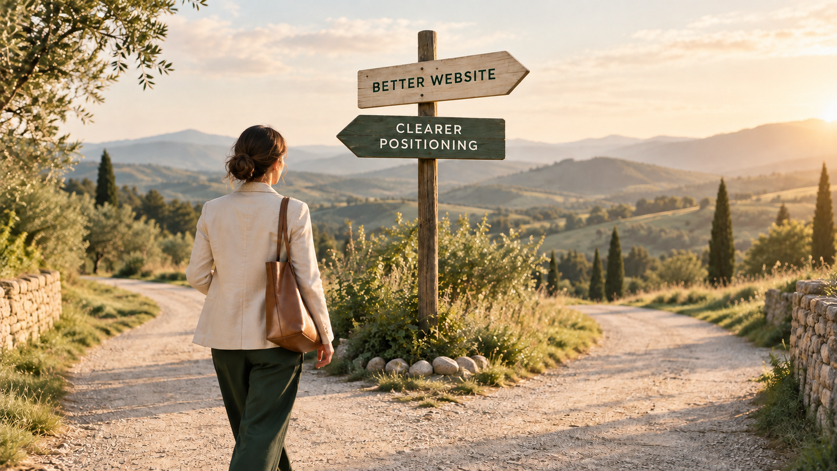 Photographic scene of a business owner at a fork in the road with signs for Better Website and Clearer Positioning
