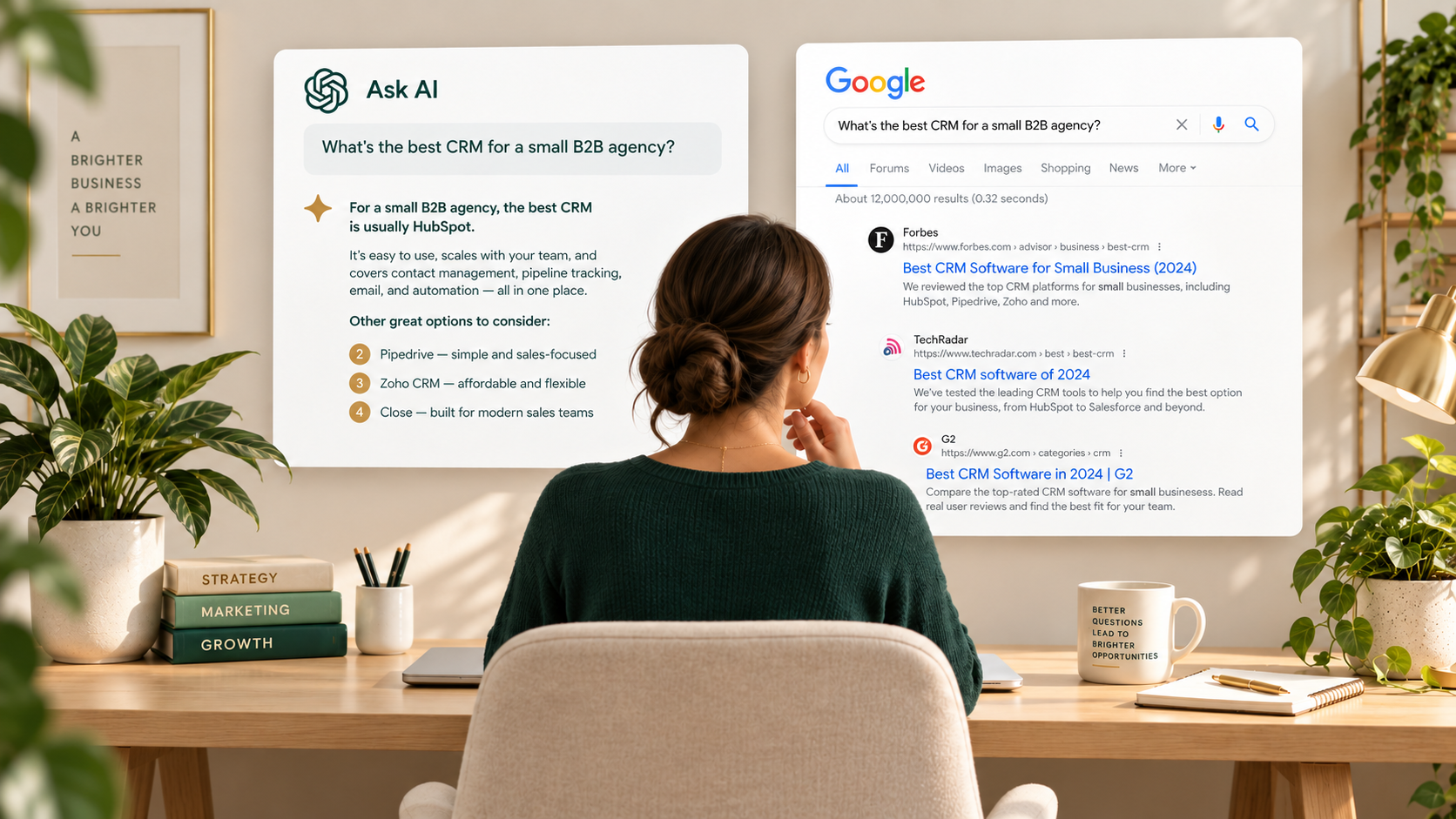 Photographic scene comparing Ask AI and Google search results for a small B2B agency CRM query