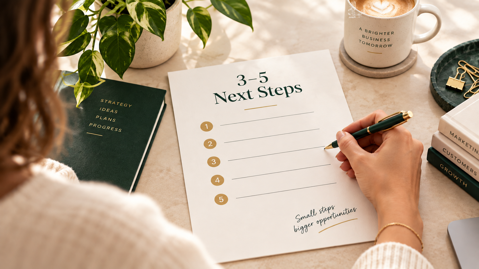 Photographic desk scene showing a 3-5 Next Steps planning sheet
